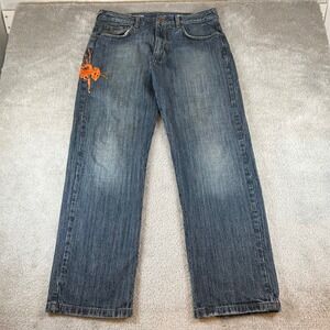 VTG Azzure Love Life Denim Jeans Mens 36x34 Blue Orange Embroidered Streetwear